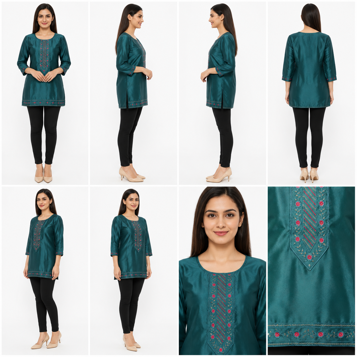 Women’s Teal Green Embroidered Short Kurti with 3/4 Sleeves