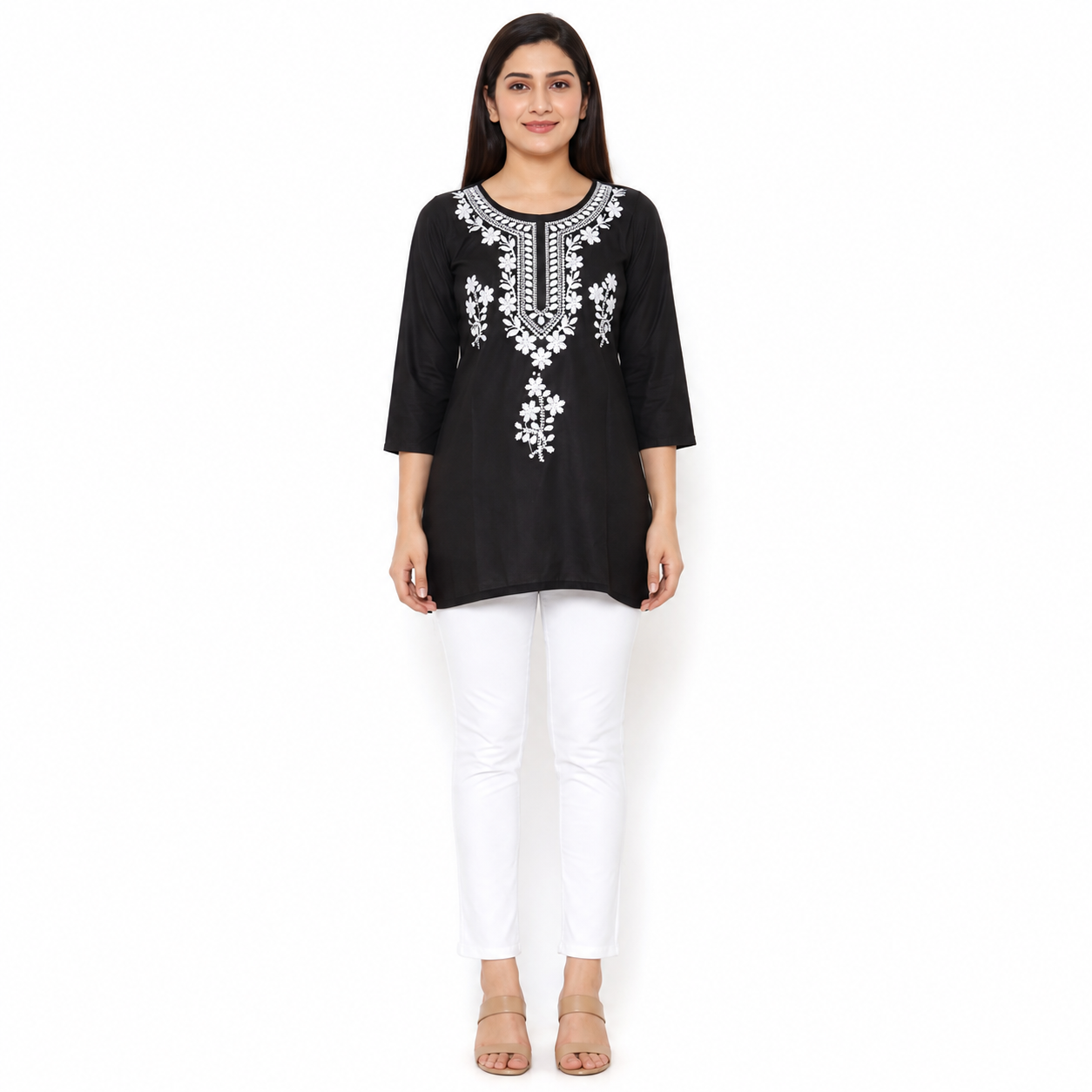 Black Embroidered Straight Kurti for Women