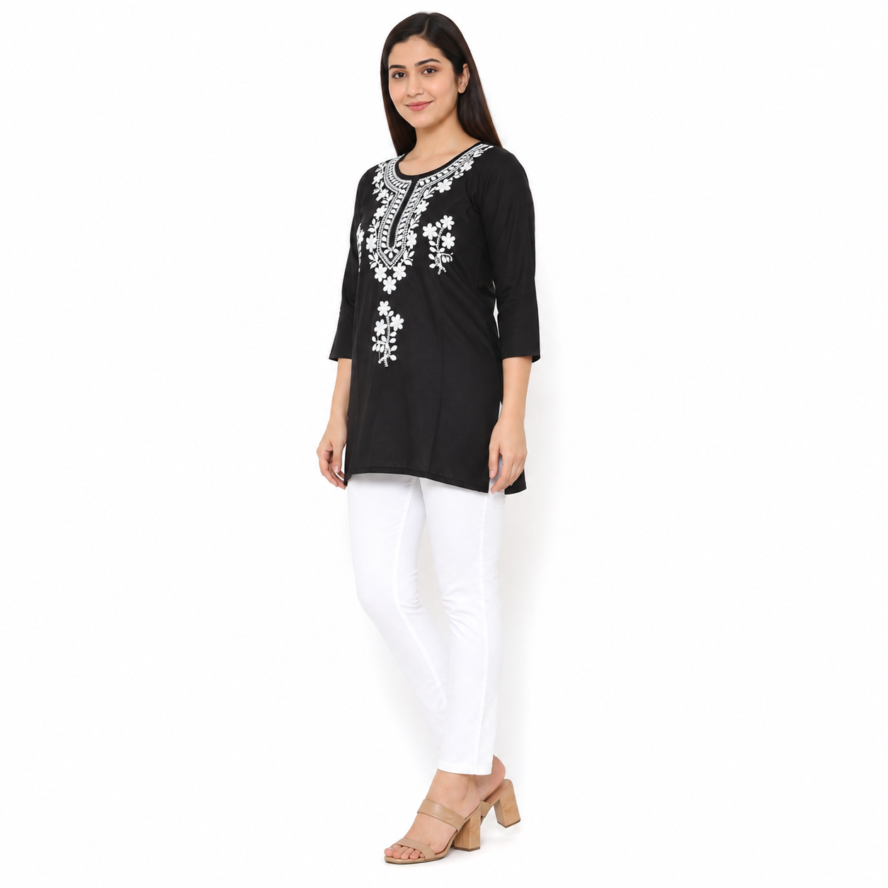 Black Embroidered Straight Kurti for Women