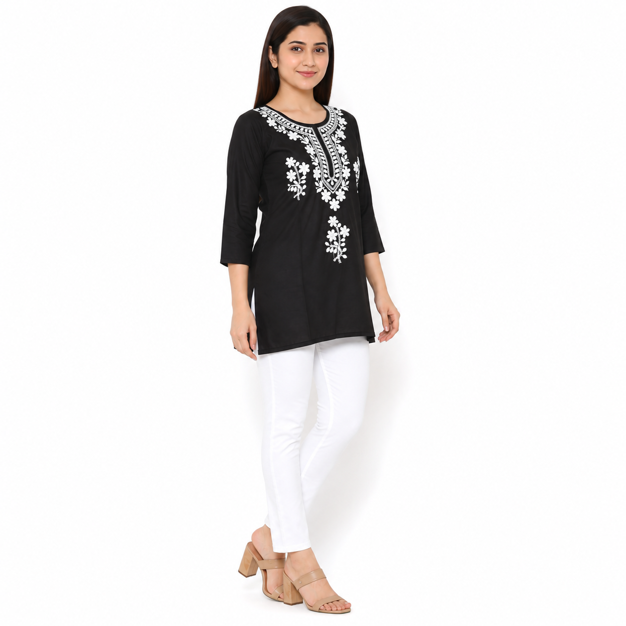 Black Embroidered Straight Kurti for Women
