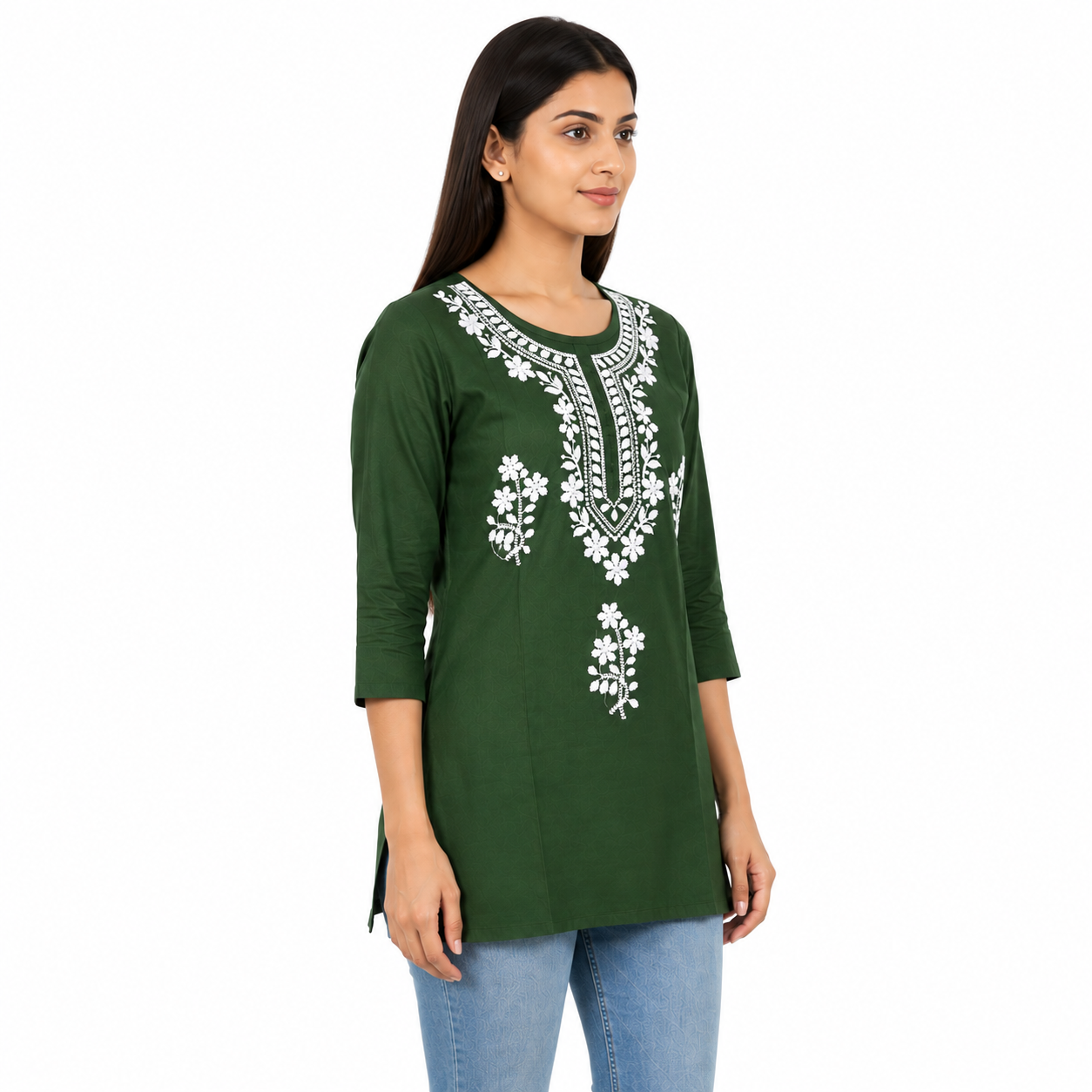 Women’s Dark Green Embroidered Short Kurti with 3/4 Sleeves