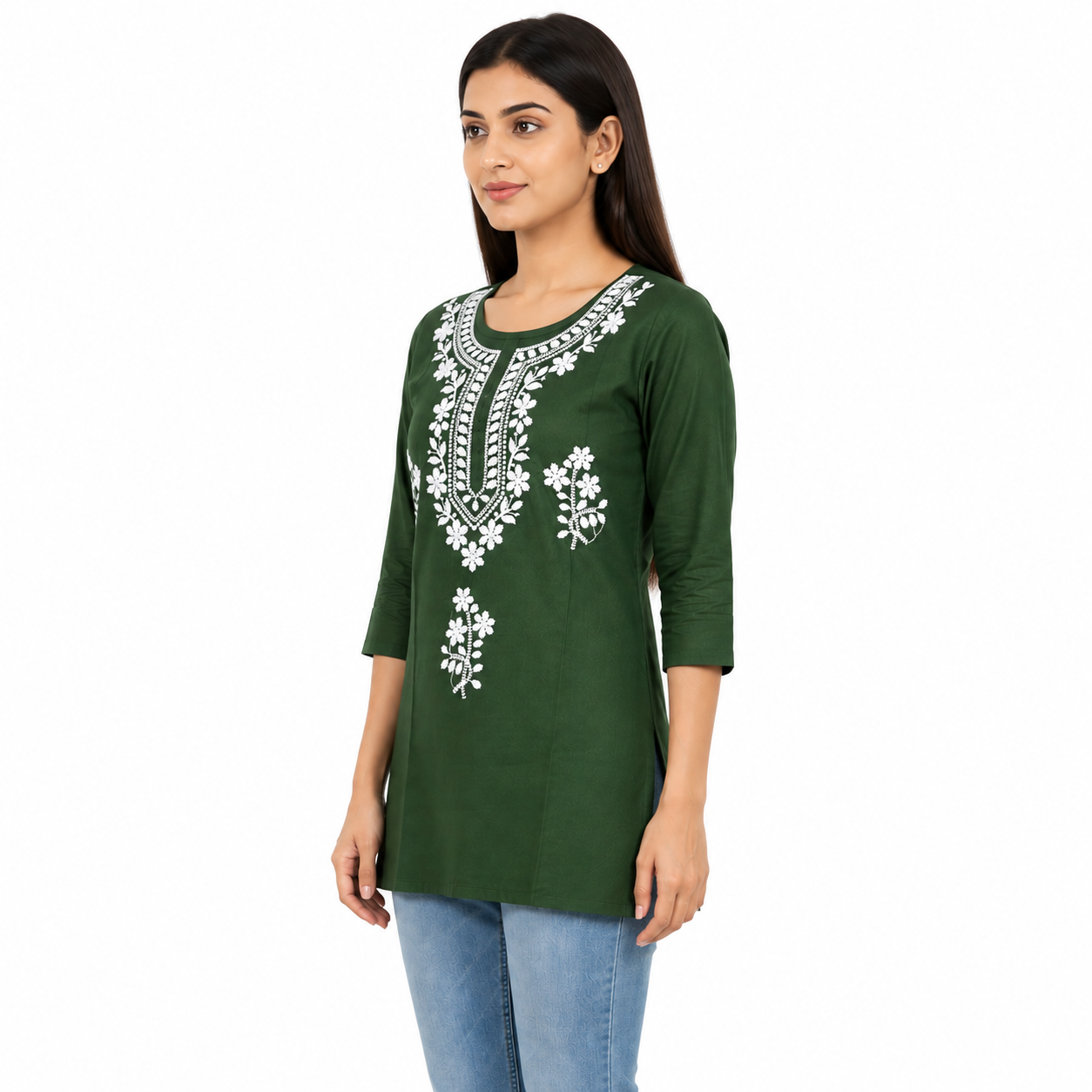 Women’s Dark Green Embroidered Short Kurti with 3/4 Sleeves
