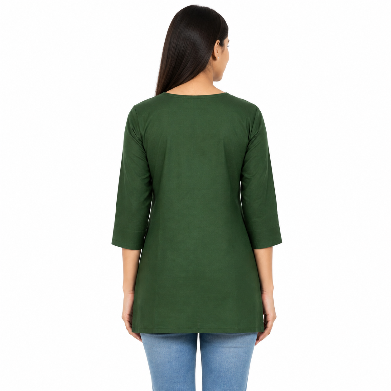 Women’s Dark Green Embroidered Short Kurti with 3/4 Sleeves