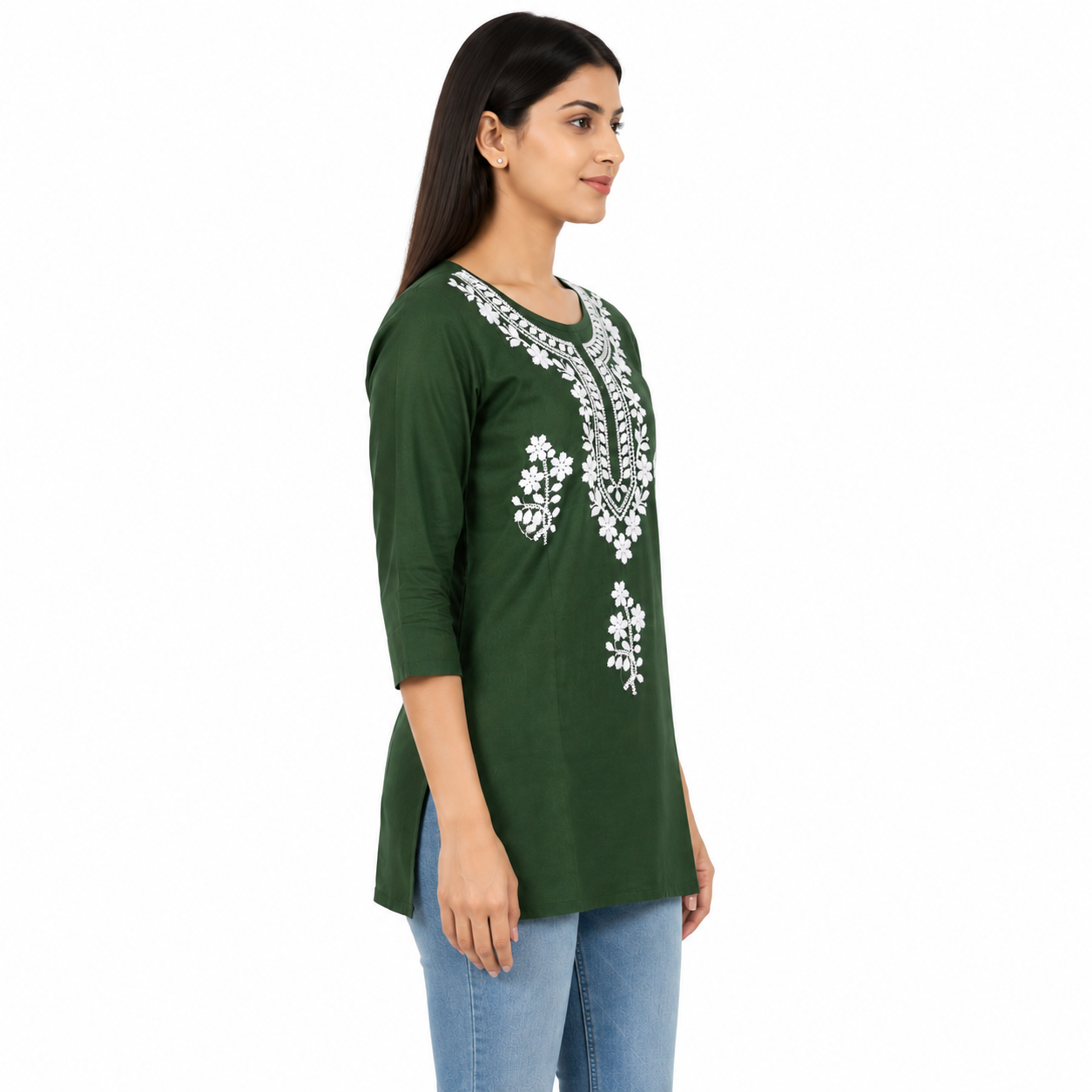 Women’s Dark Green Embroidered Short Kurti with 3/4 Sleeves
