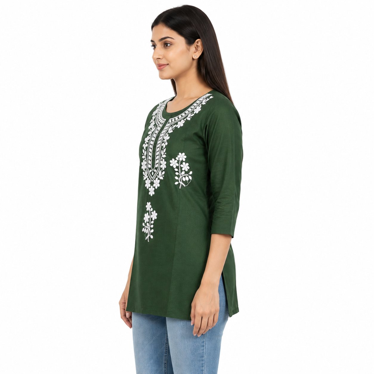 Women’s Dark Green Embroidered Short Kurti with 3/4 Sleeves