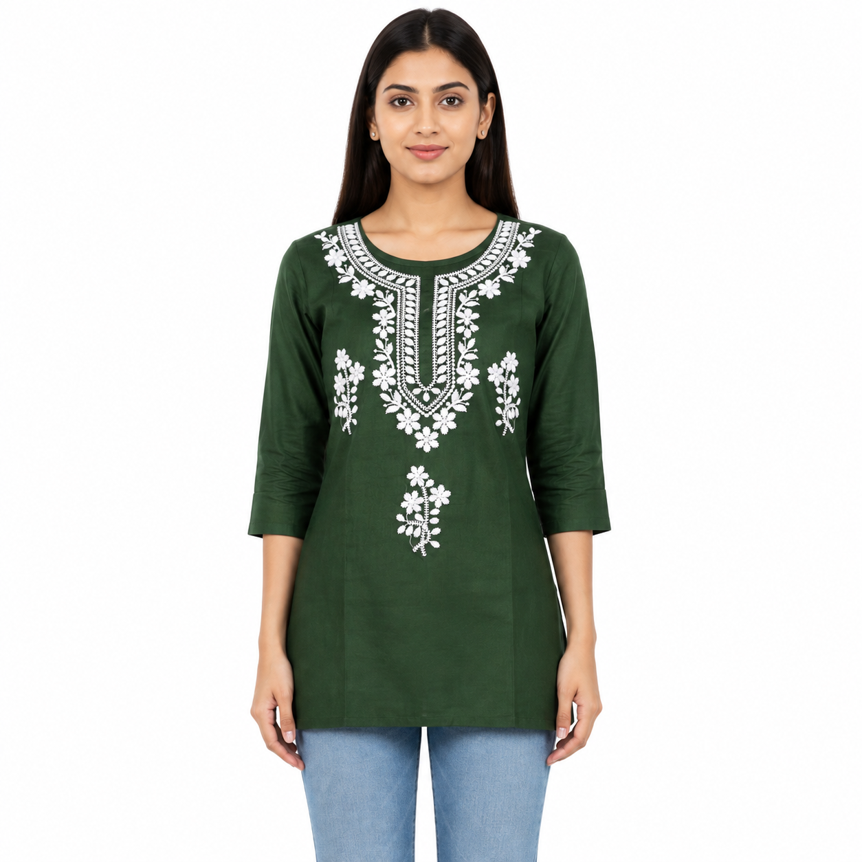 Women’s Dark Green Embroidered Short Kurti with 3/4 Sleeves