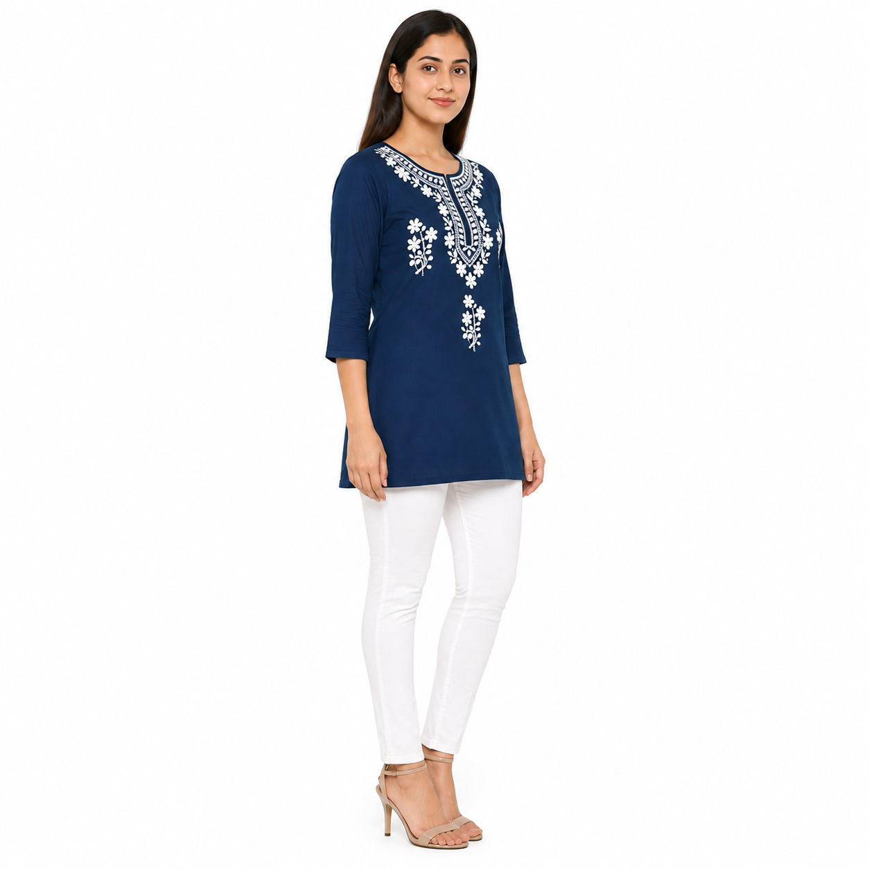 Women’s Navy Blue Embroidered Short Kurti with 3/4 Sleeves