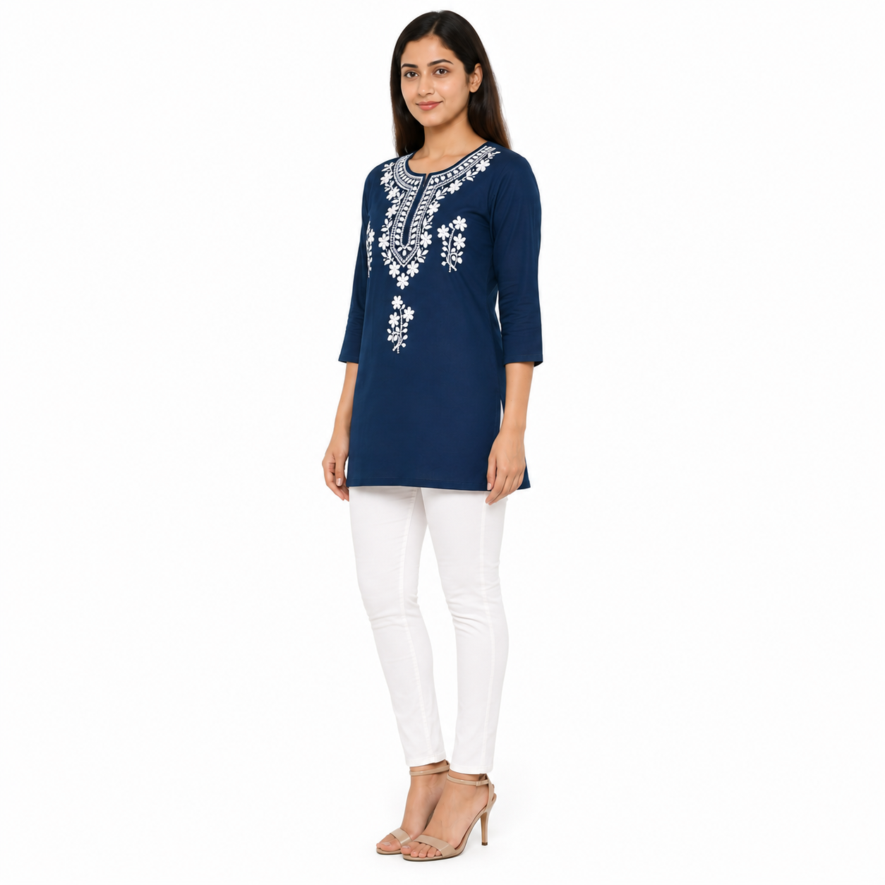 Women’s Navy Blue Embroidered Short Kurti with 3/4 Sleeves