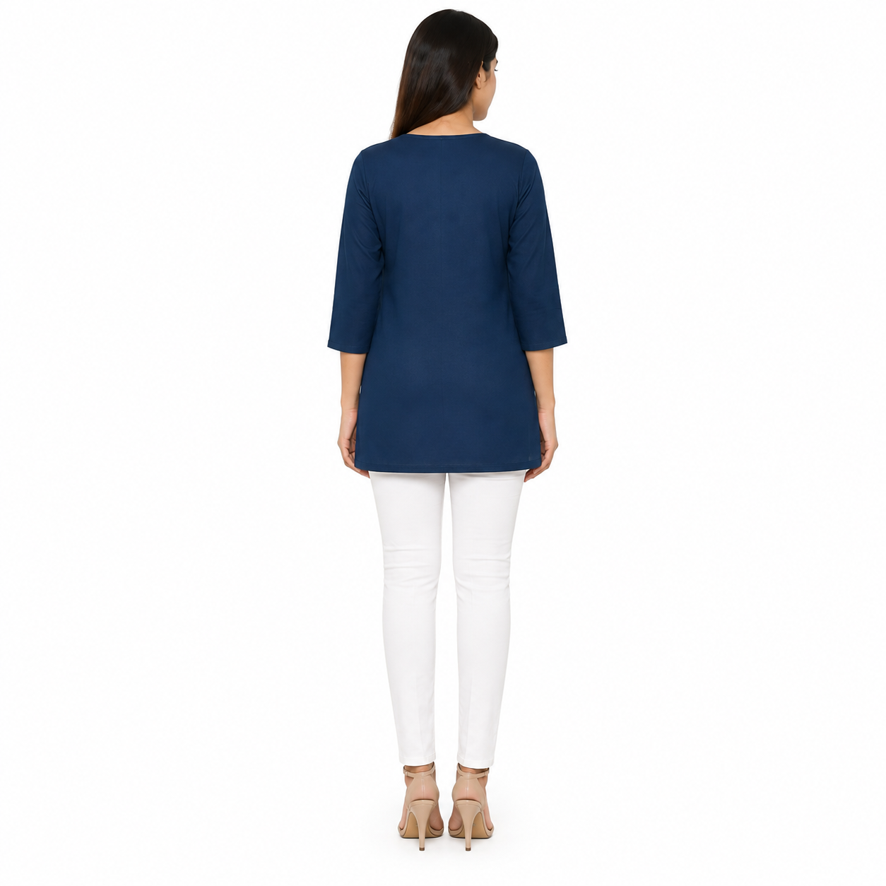 Women’s Navy Blue Embroidered Short Kurti with 3/4 Sleeves
