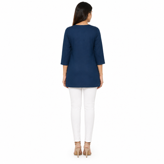 Women’s Navy Blue Embroidered Short Kurti with 3/4 Sleeves