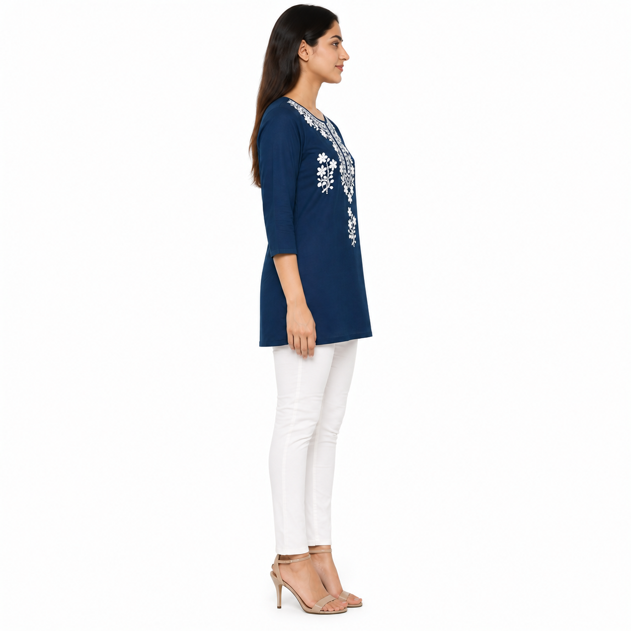 Women’s Navy Blue Embroidered Short Kurti with 3/4 Sleeves
