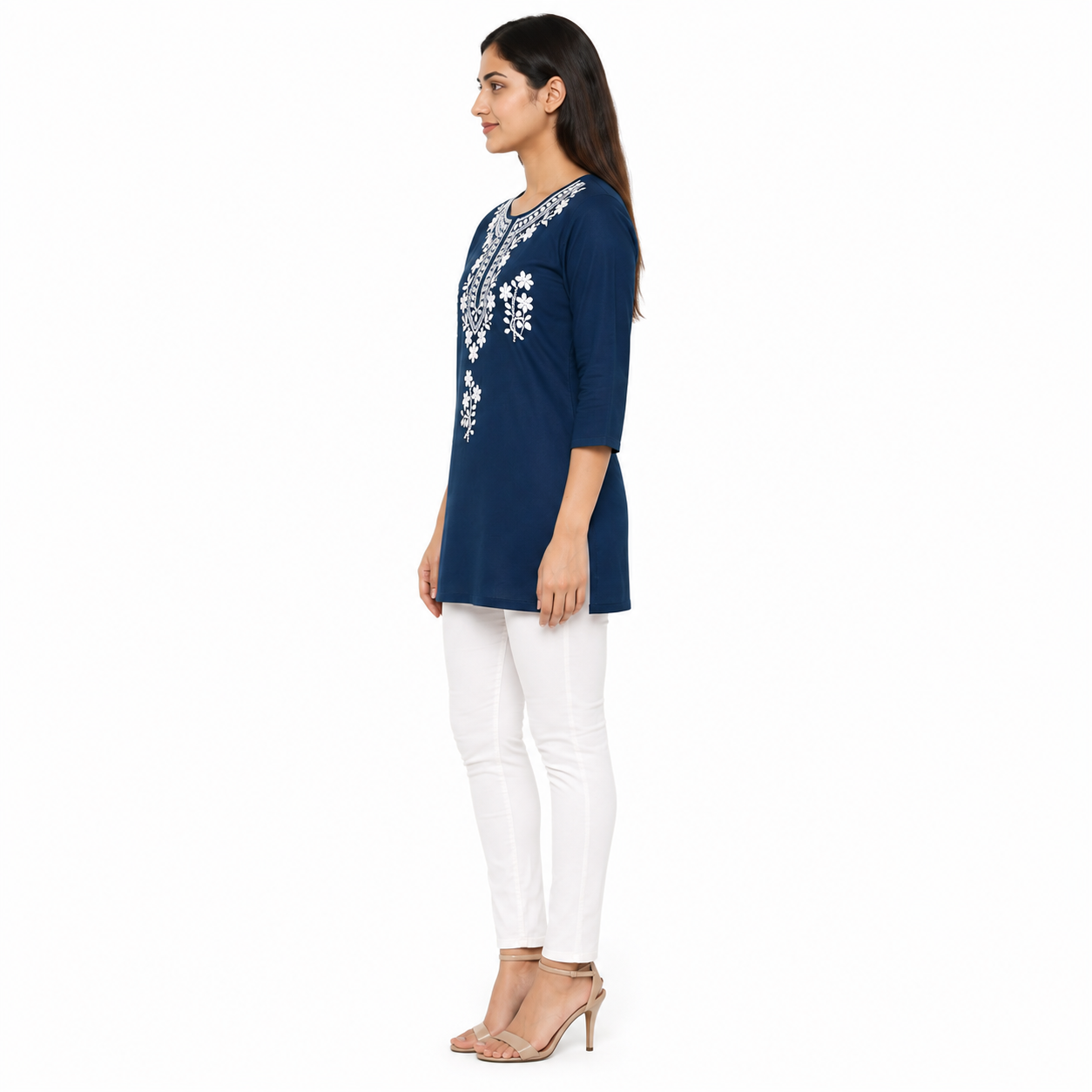 Women’s Navy Blue Embroidered Short Kurti with 3/4 Sleeves