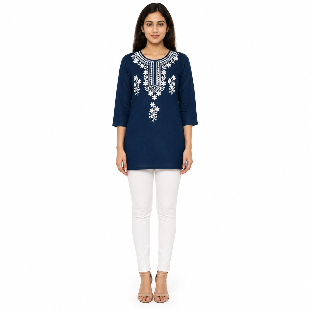 Women’s Navy Blue Embroidered Short Kurti with 3/4 Sleeves