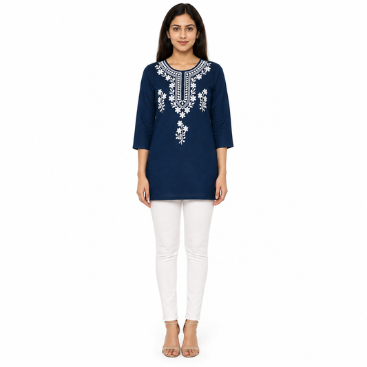 Women’s Navy Blue Embroidered Short Kurti with 3/4 Sleeves