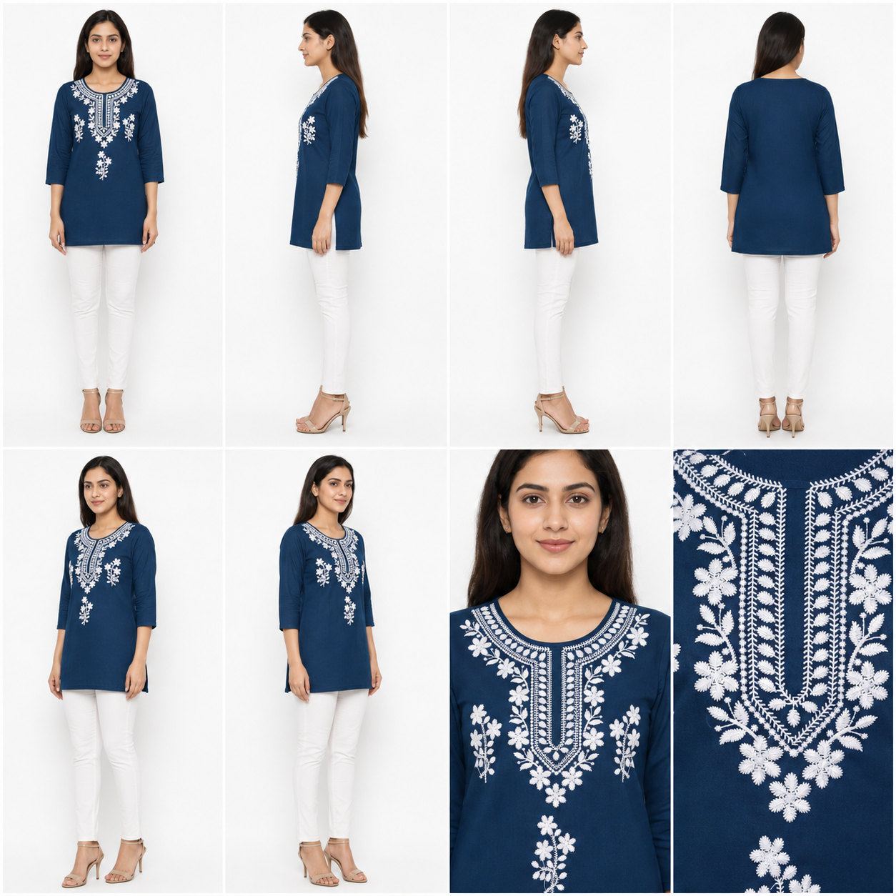 Women’s Navy Blue Embroidered Short Kurti with 3/4 Sleeves