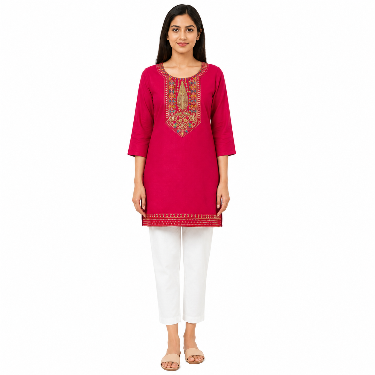 Women’s Rani Pink Embroidered Straight Kurti with 3/4 Sleeves