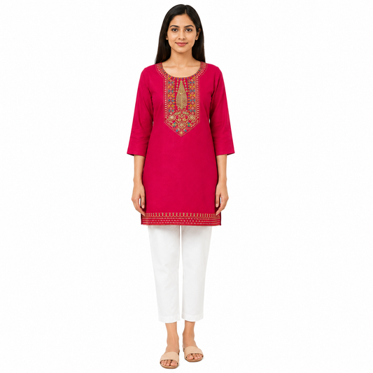 Women’s Rani Pink Embroidered Straight Kurti with 3/4 Sleeves