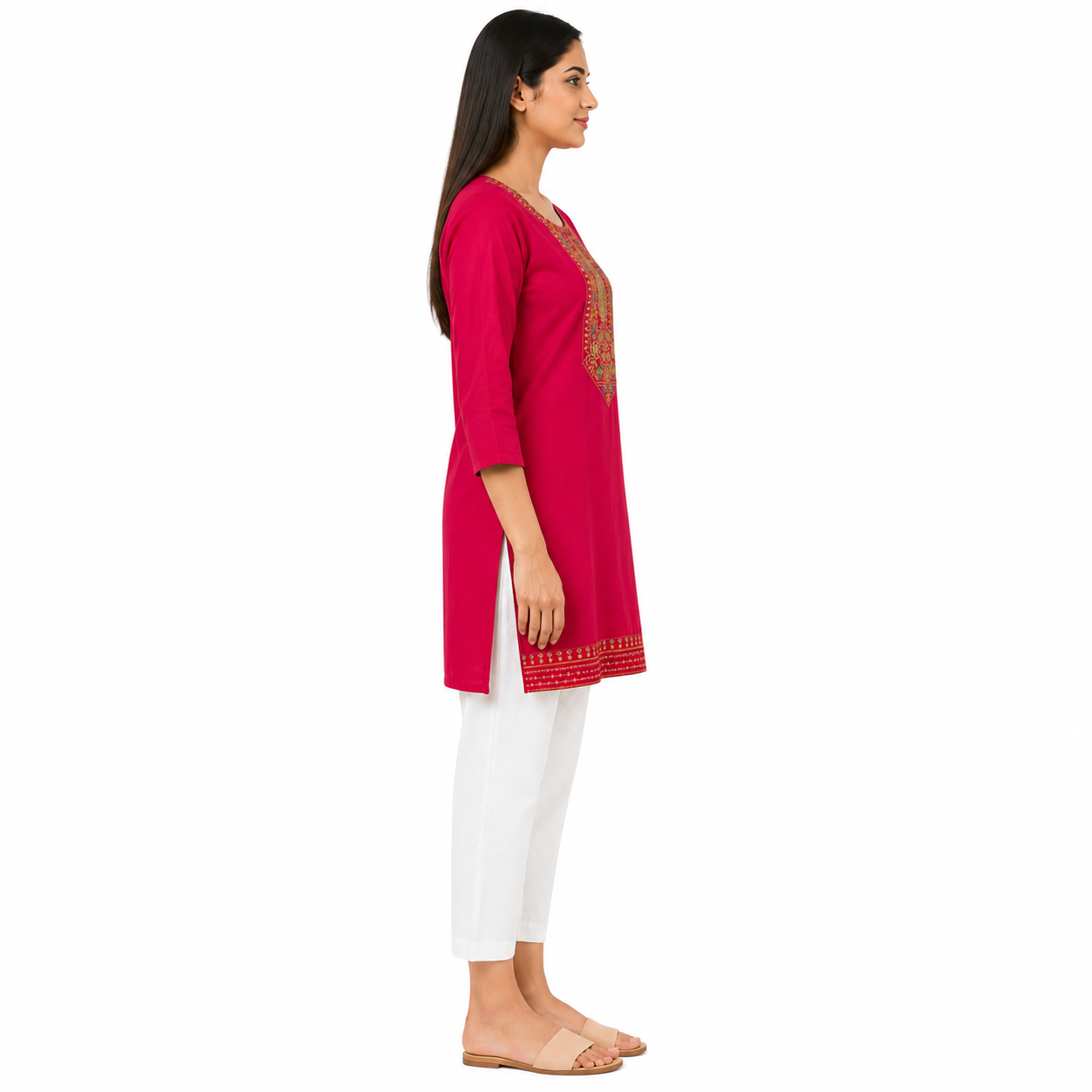 Women’s Rani Pink Embroidered Straight Kurti with 3/4 Sleeves