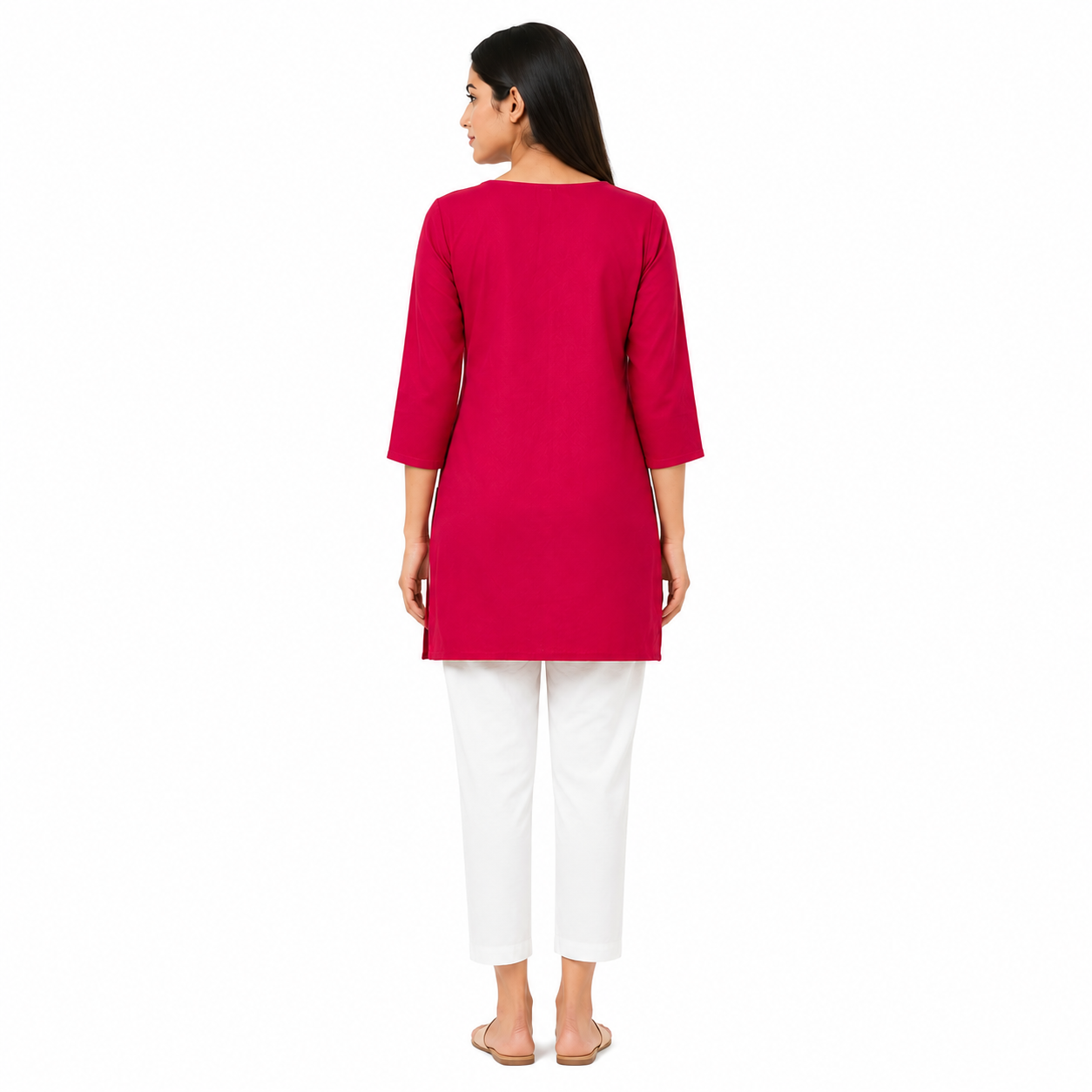 Women’s Rani Pink Embroidered Straight Kurti with 3/4 Sleeves