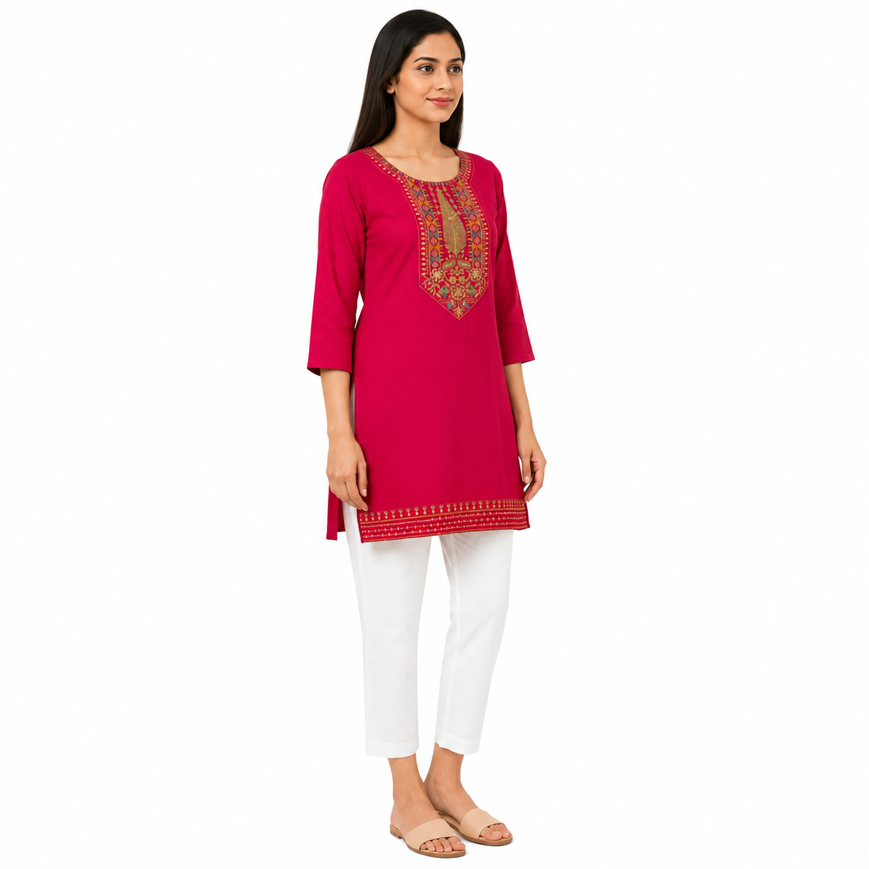 Women’s Rani Pink Embroidered Straight Kurti with 3/4 Sleeves