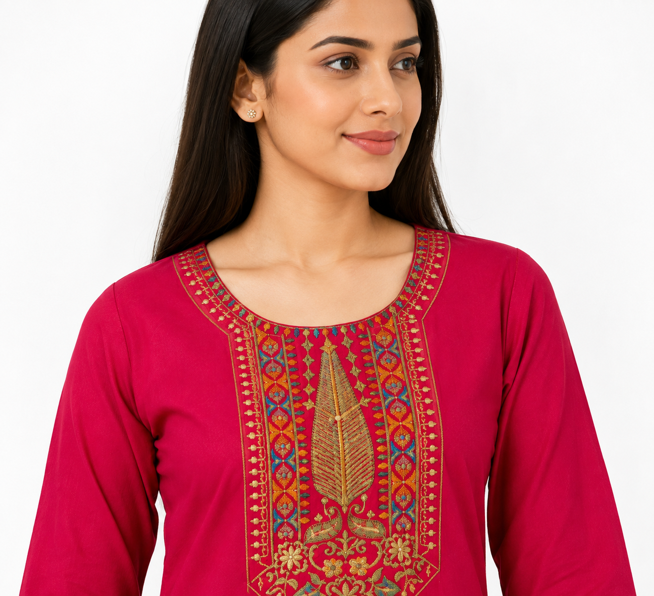 Women’s Rani Pink Embroidered Straight Kurti with 3/4 Sleeves