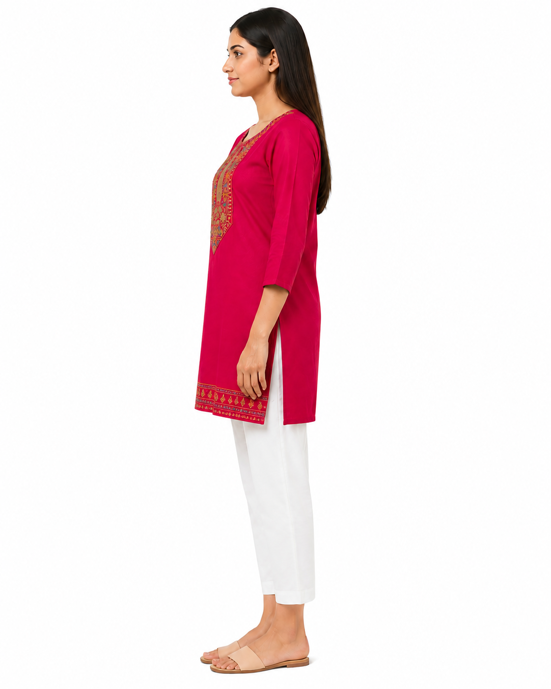 Women’s Rani Pink Embroidered Straight Kurti with 3/4 Sleeves