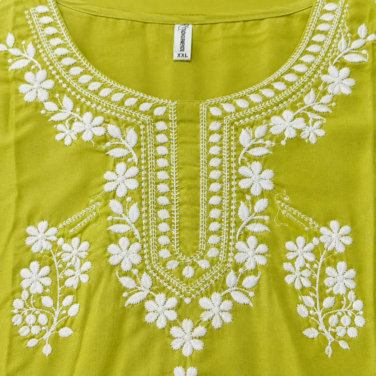 Women’s Lime Green Embroidered Straight Kurti with 3/4 Sleeves