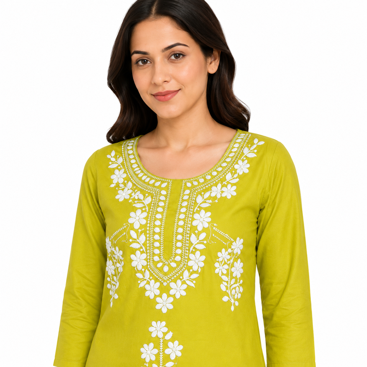 Women’s Lime Green Embroidered Straight Kurti with 3/4 Sleeves
