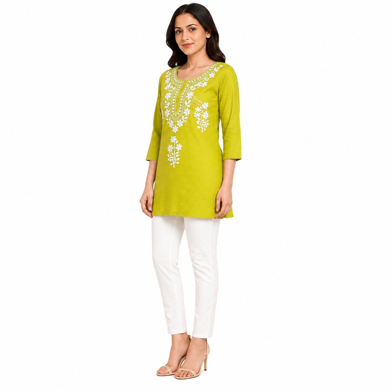 Women’s Lime Green Embroidered Straight Kurti with 3/4 Sleeves