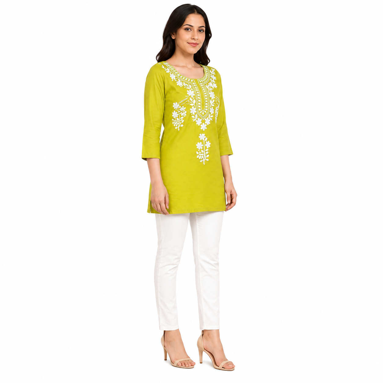 Women’s Lime Green Embroidered Straight Kurti with 3/4 Sleeves