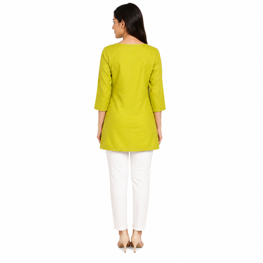 Women’s Lime Green Embroidered Straight Kurti with 3/4 Sleeves