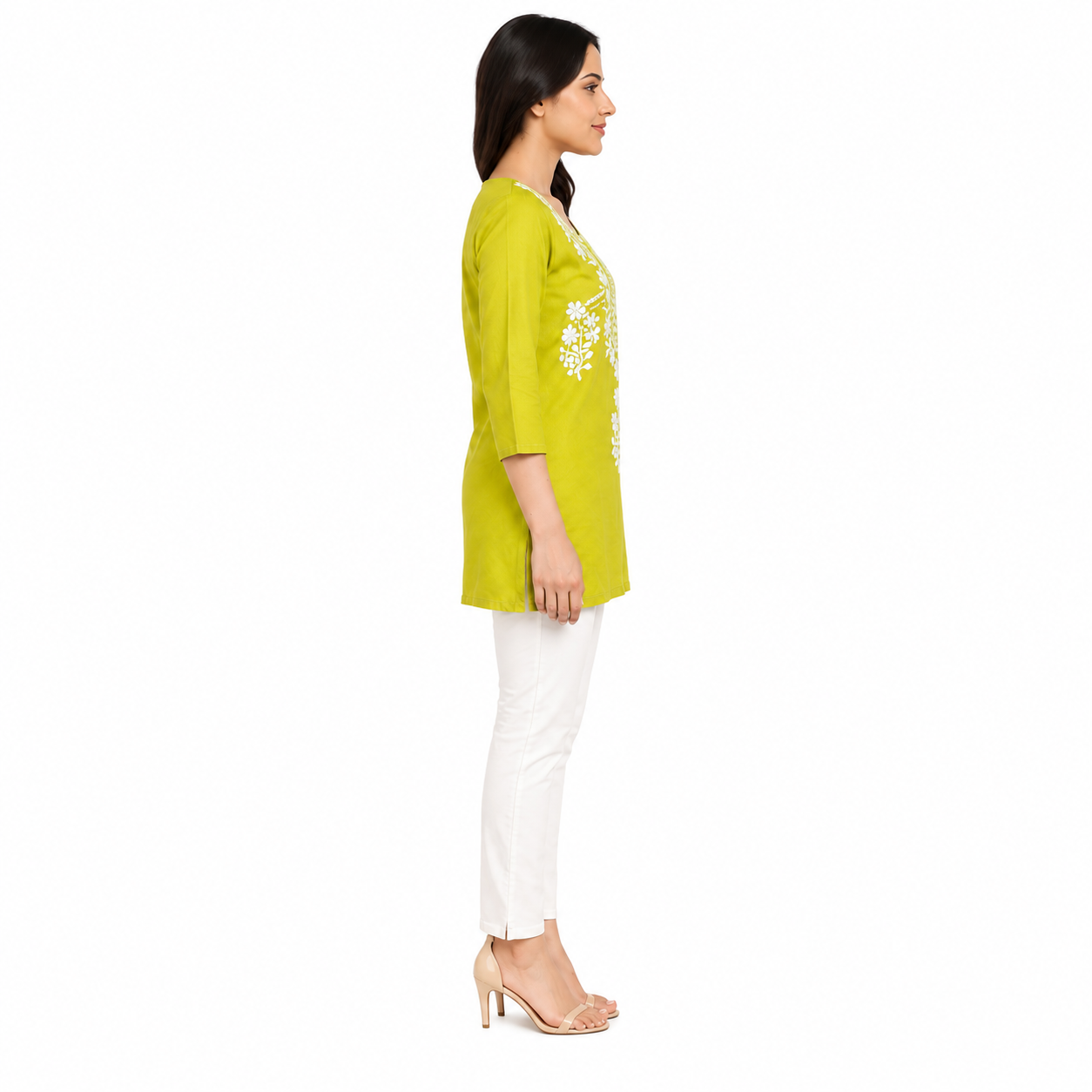 Women’s Lime Green Embroidered Straight Kurti with 3/4 Sleeves