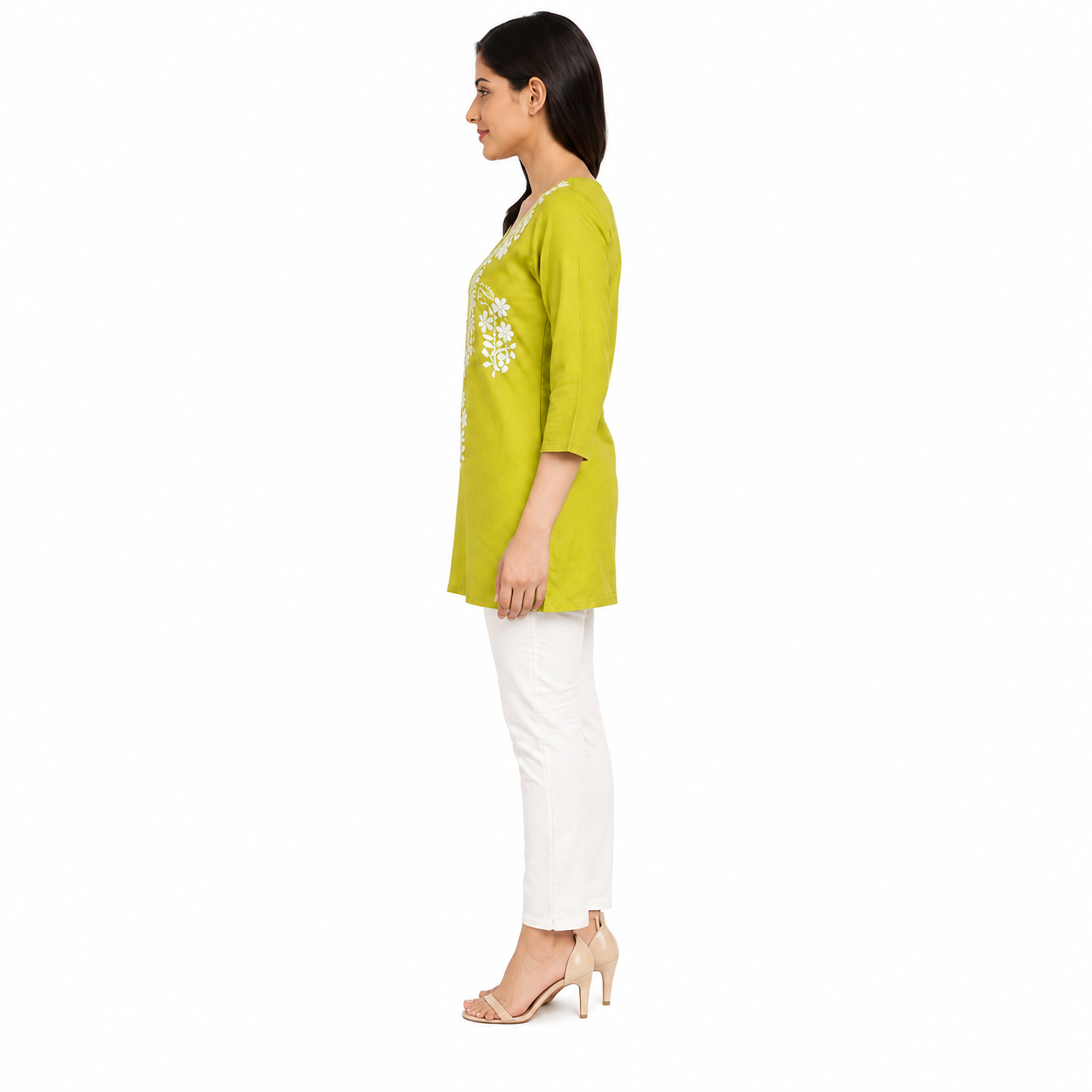Women’s Lime Green Embroidered Straight Kurti with 3/4 Sleeves