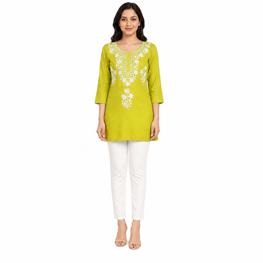 Women’s Lime Green Embroidered Straight Kurti with 3/4 Sleeves