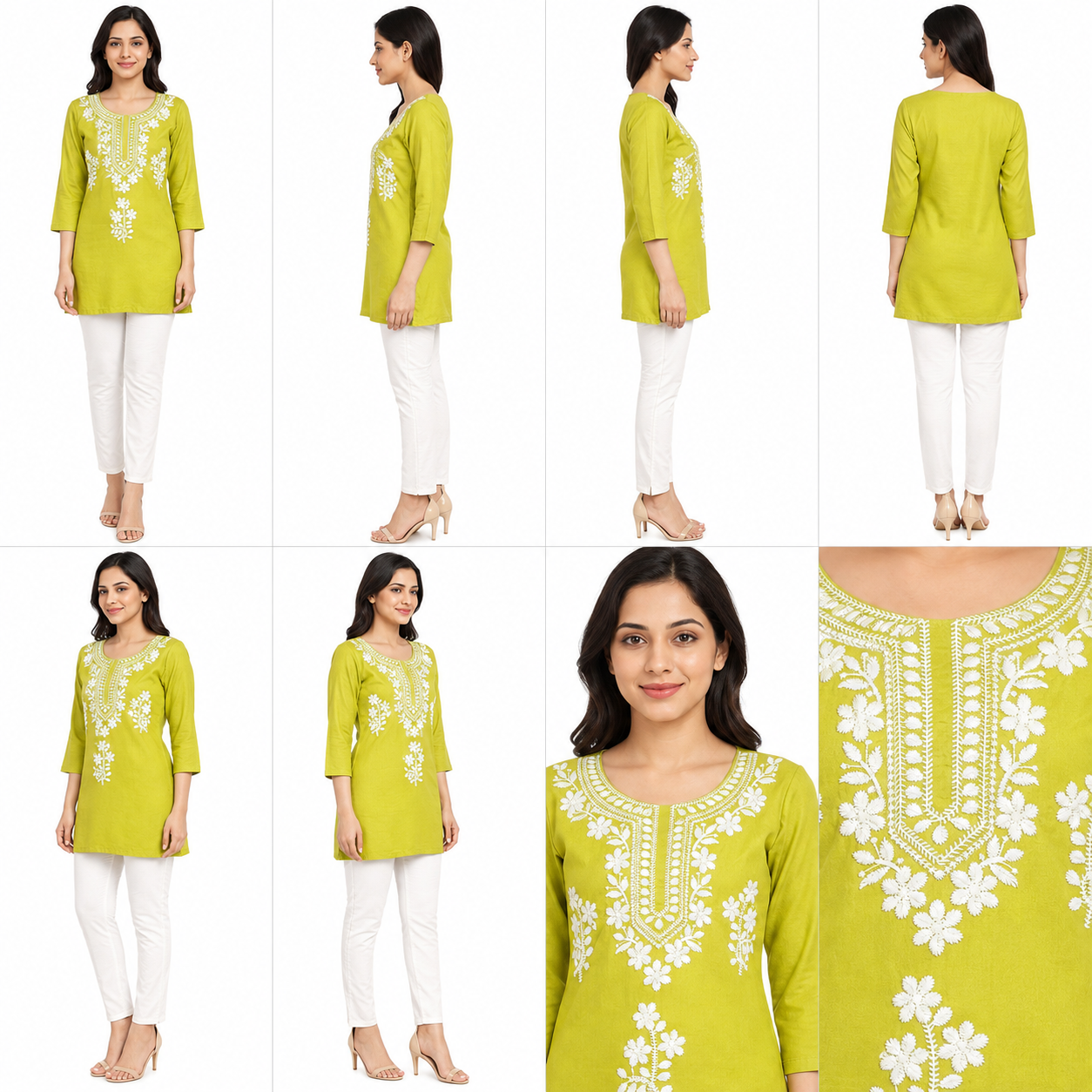 Women’s Lime Green Embroidered Straight Kurti with 3/4 Sleeves
