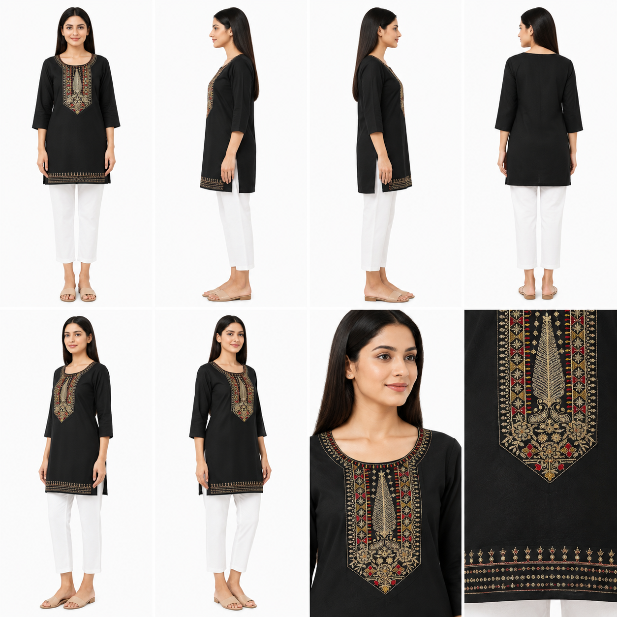 Women’s Black Embroidered Straight Kurti with 3/4 Sleeves