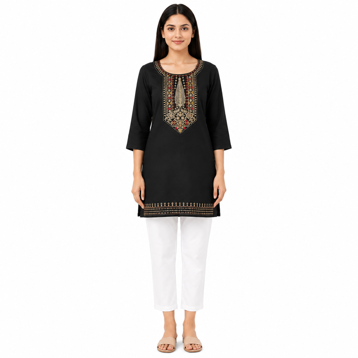 Women’s Black Embroidered Straight Kurti with 3/4 Sleeves