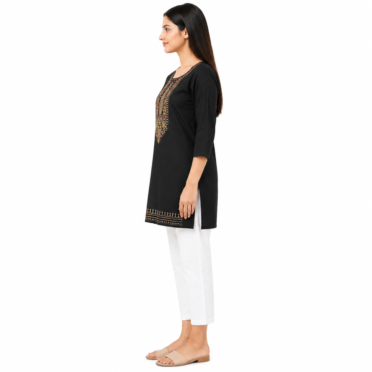 Women’s Black Embroidered Straight Kurti with 3/4 Sleeves