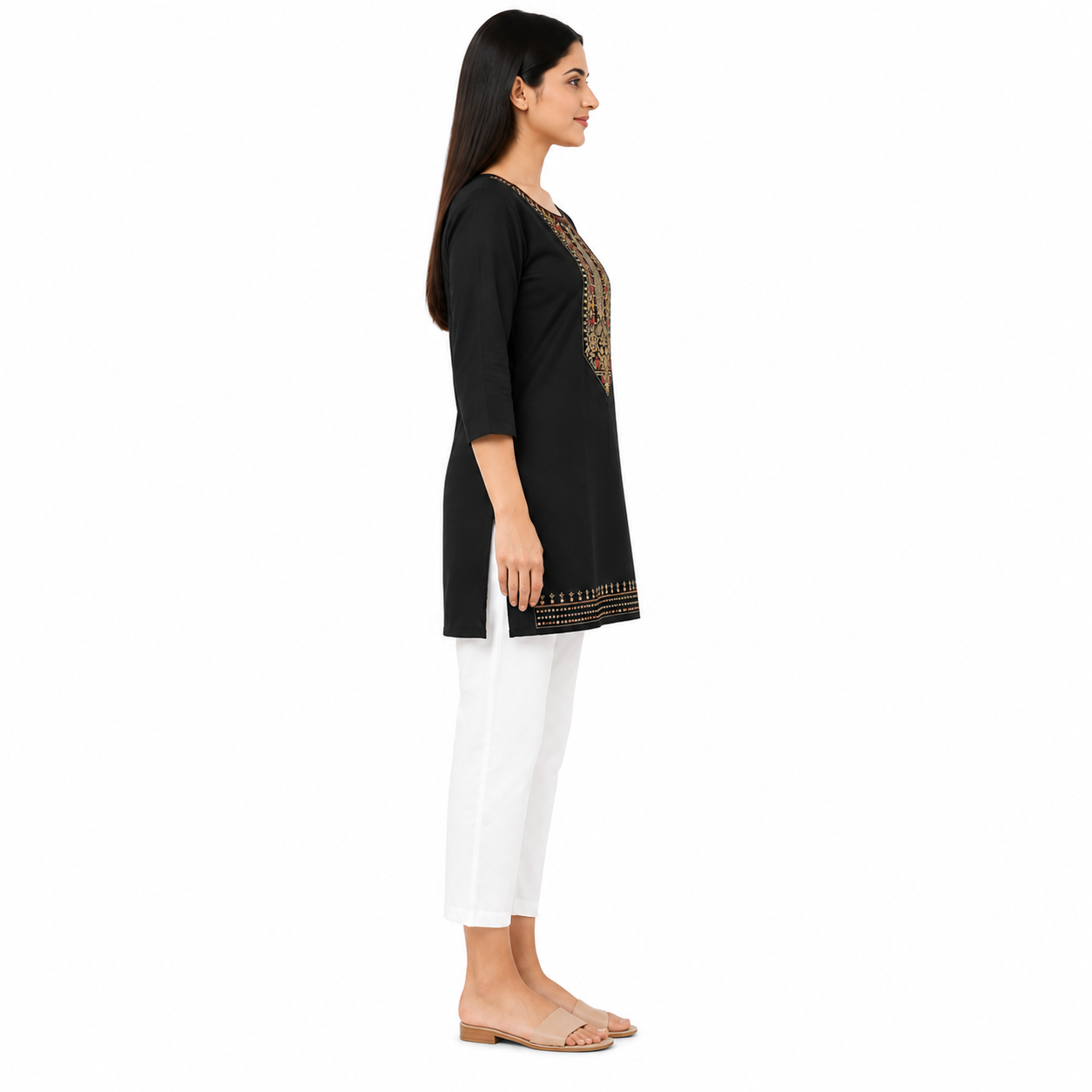 Women’s Black Embroidered Straight Kurti with 3/4 Sleeves