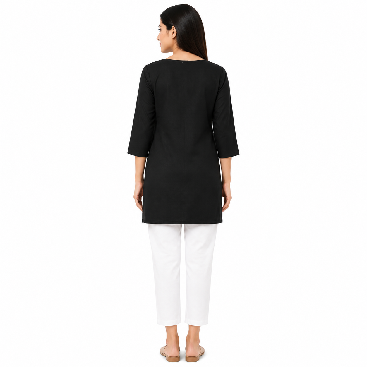 Women’s Black Embroidered Straight Kurti with 3/4 Sleeves