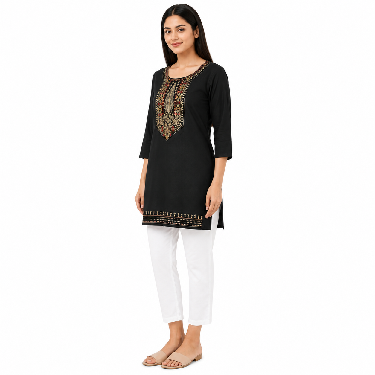 Women’s Black Embroidered Straight Kurti with 3/4 Sleeves
