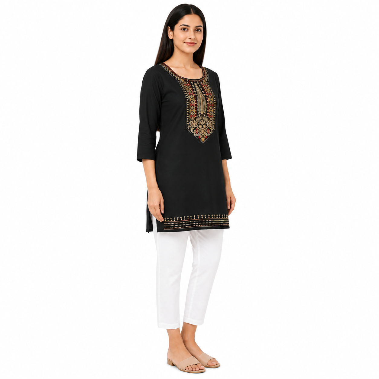 Women’s Black Embroidered Straight Kurti with 3/4 Sleeves