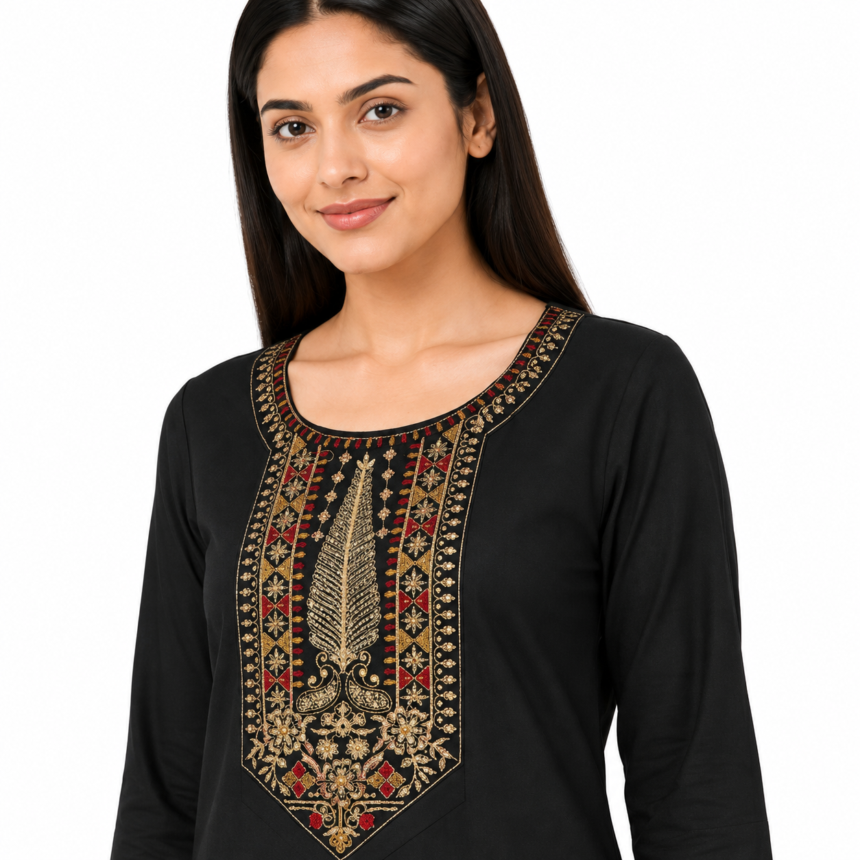 Women’s Black Embroidered Straight Kurti with 3/4 Sleeves