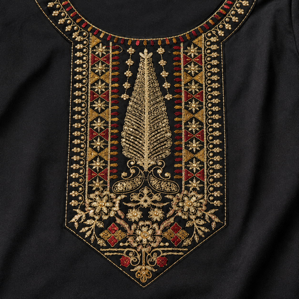 Women’s Black Embroidered Straight Kurti with 3/4 Sleeves