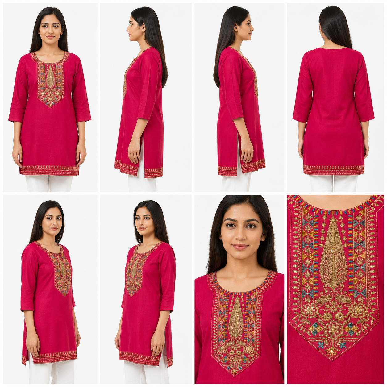 Women’s Rani Pink Embroidered Straight Kurti with 3/4 Sleeves