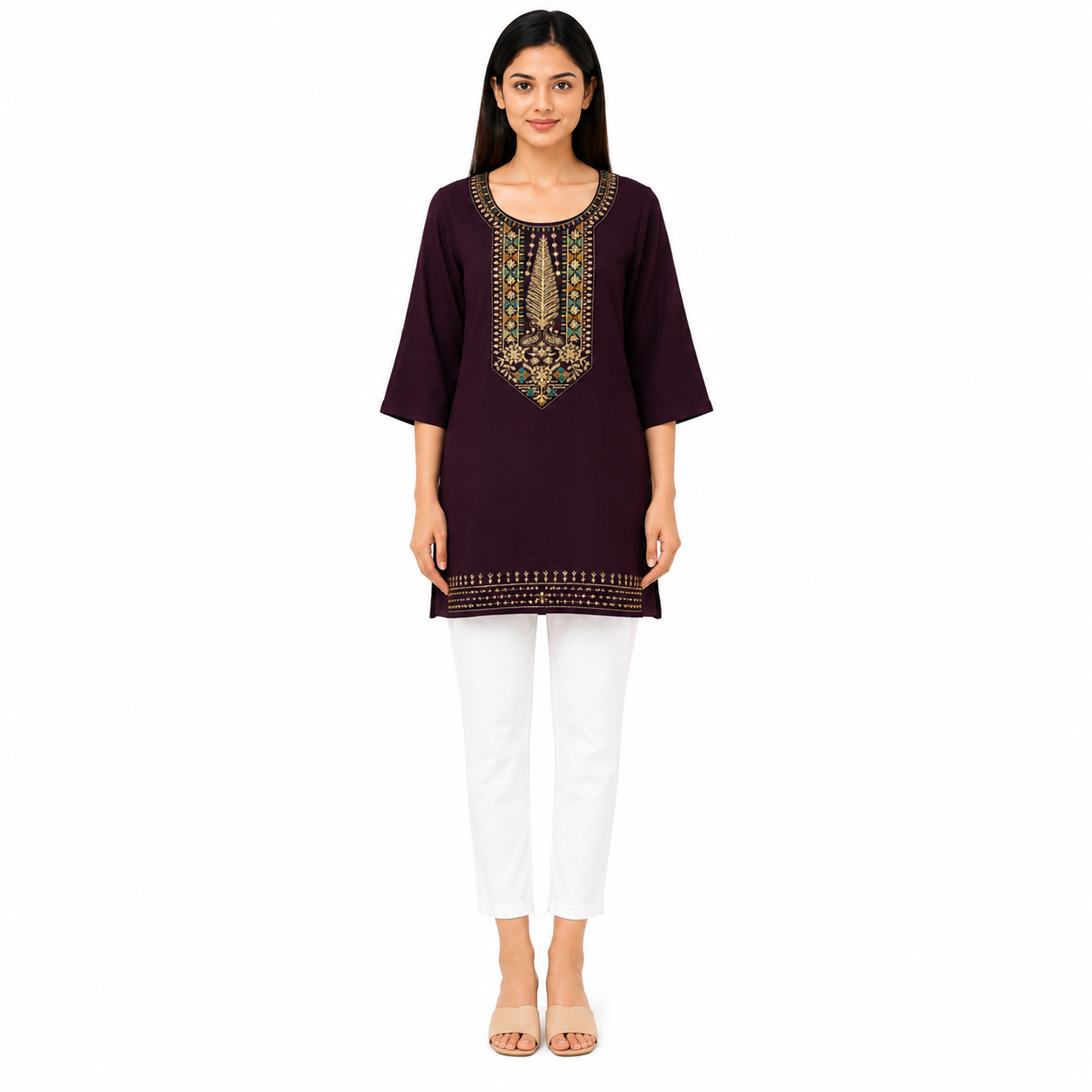 Women’s Wine Purple Embroidered Short Kurti with 3/4 Sleeves