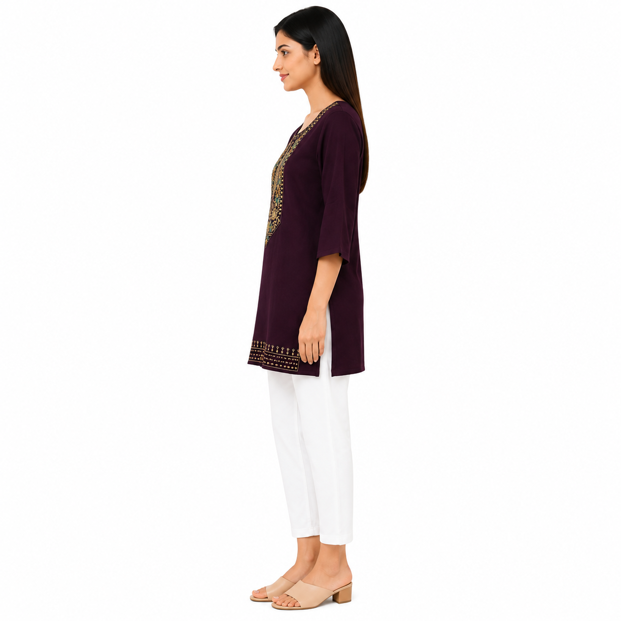 Women’s Wine Purple Embroidered Short Kurti with 3/4 Sleeves