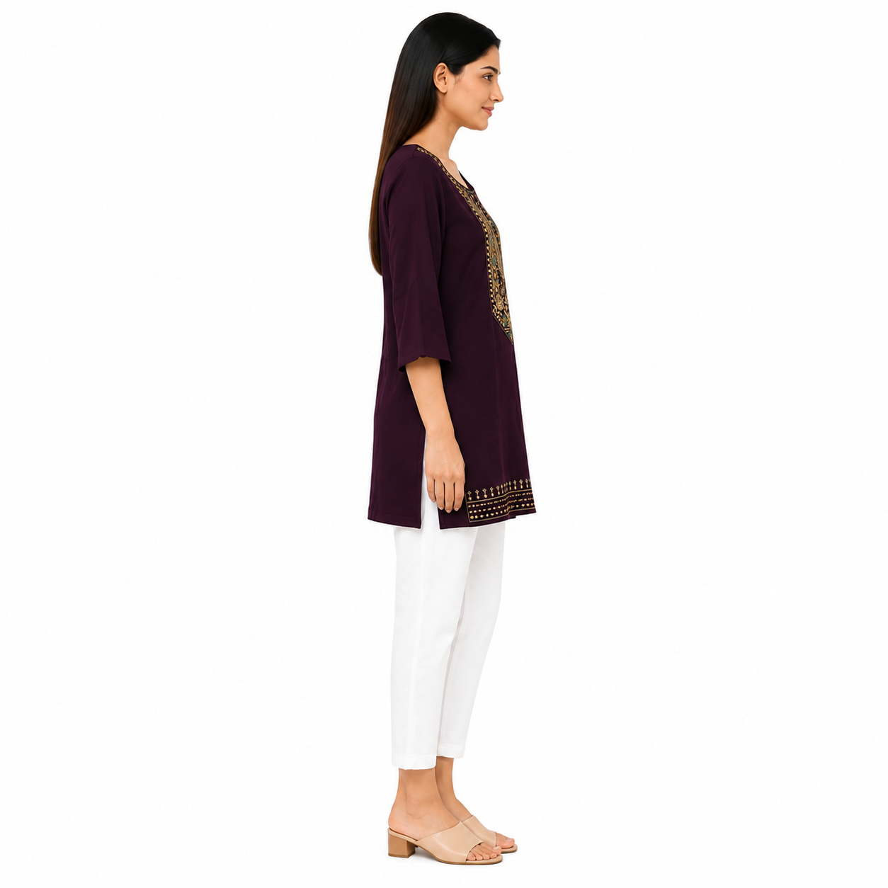 Women’s Wine Purple Embroidered Short Kurti with 3/4 Sleeves