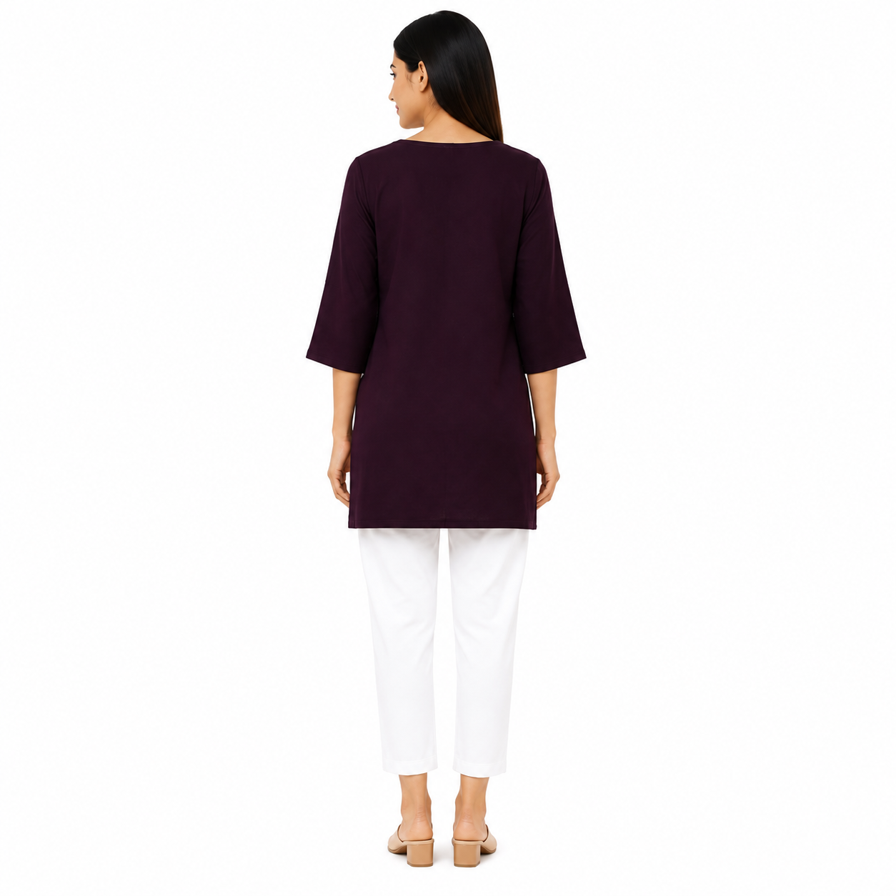 Women’s Wine Purple Embroidered Short Kurti with 3/4 Sleeves