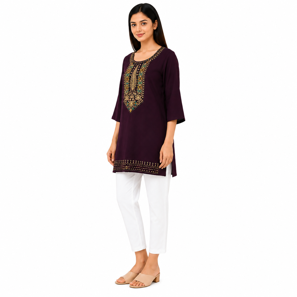 Women’s Wine Purple Embroidered Short Kurti with 3/4 Sleeves